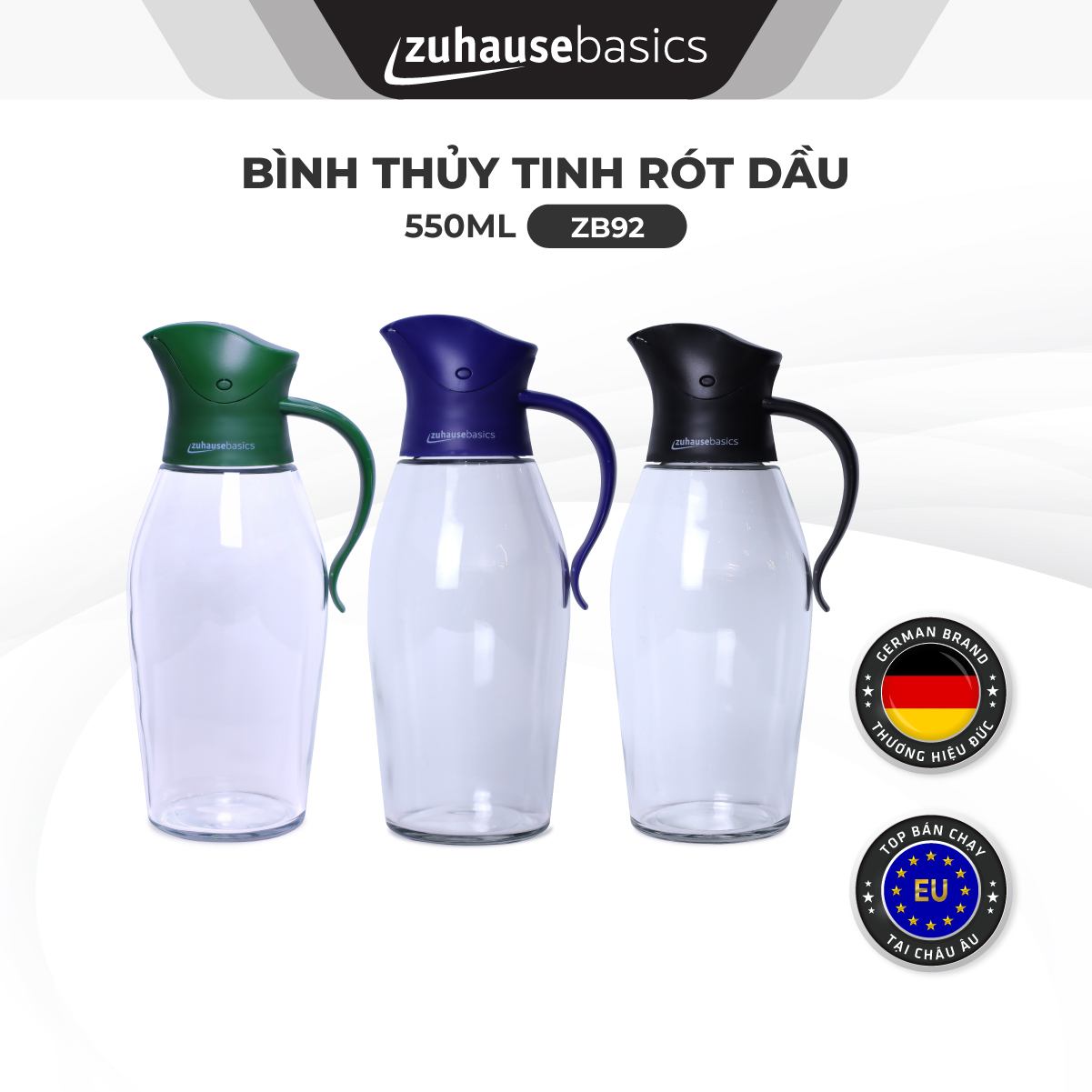 Bình thủy tinh rót dầu ăn, nước mắm tự mở nắp khi rót Zuhause basics ZB92 500ml - hàng chính hãng