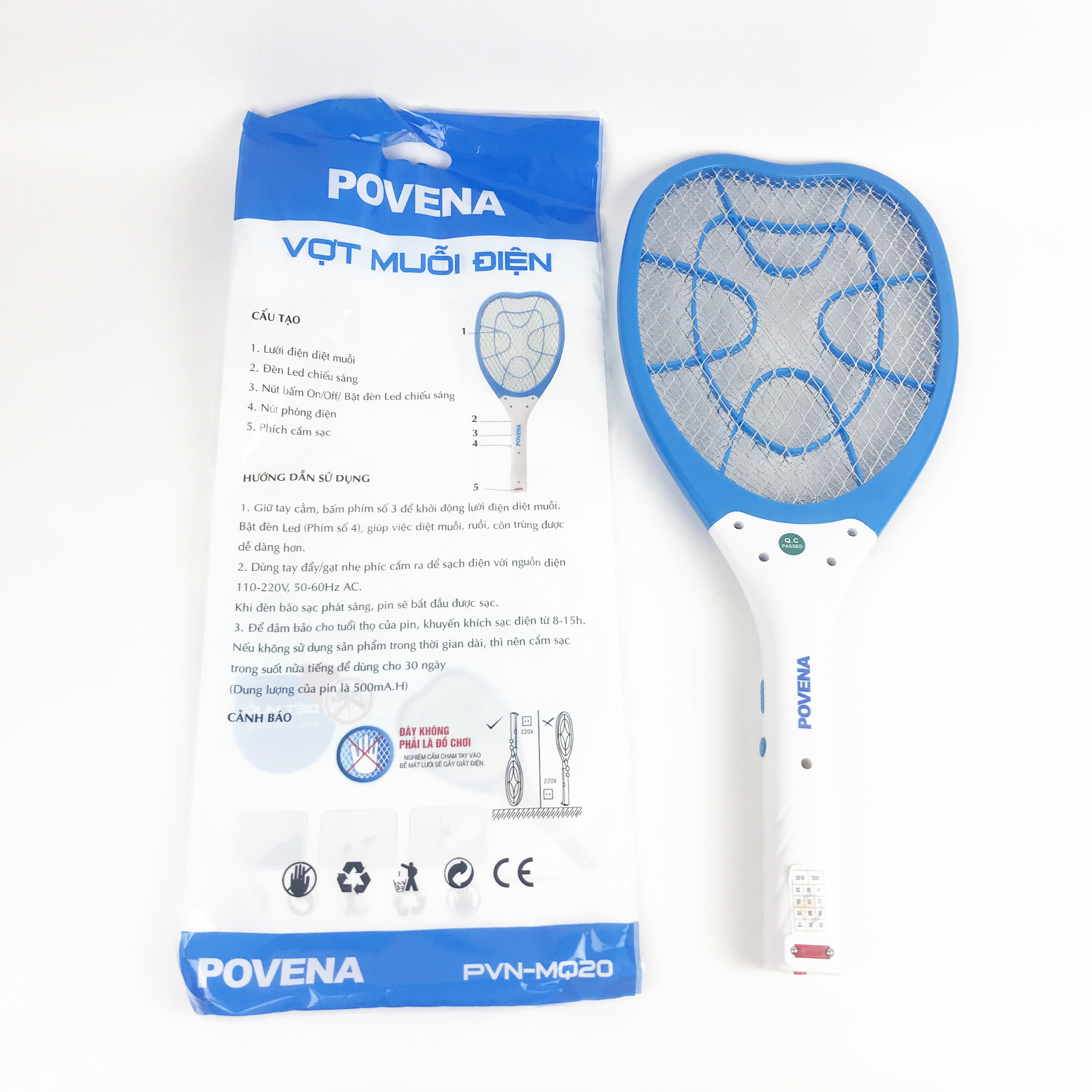 Vợt Muỗi Điện Povena PVN-MQ20 Xanh Dương - Hàng Chính Hãng