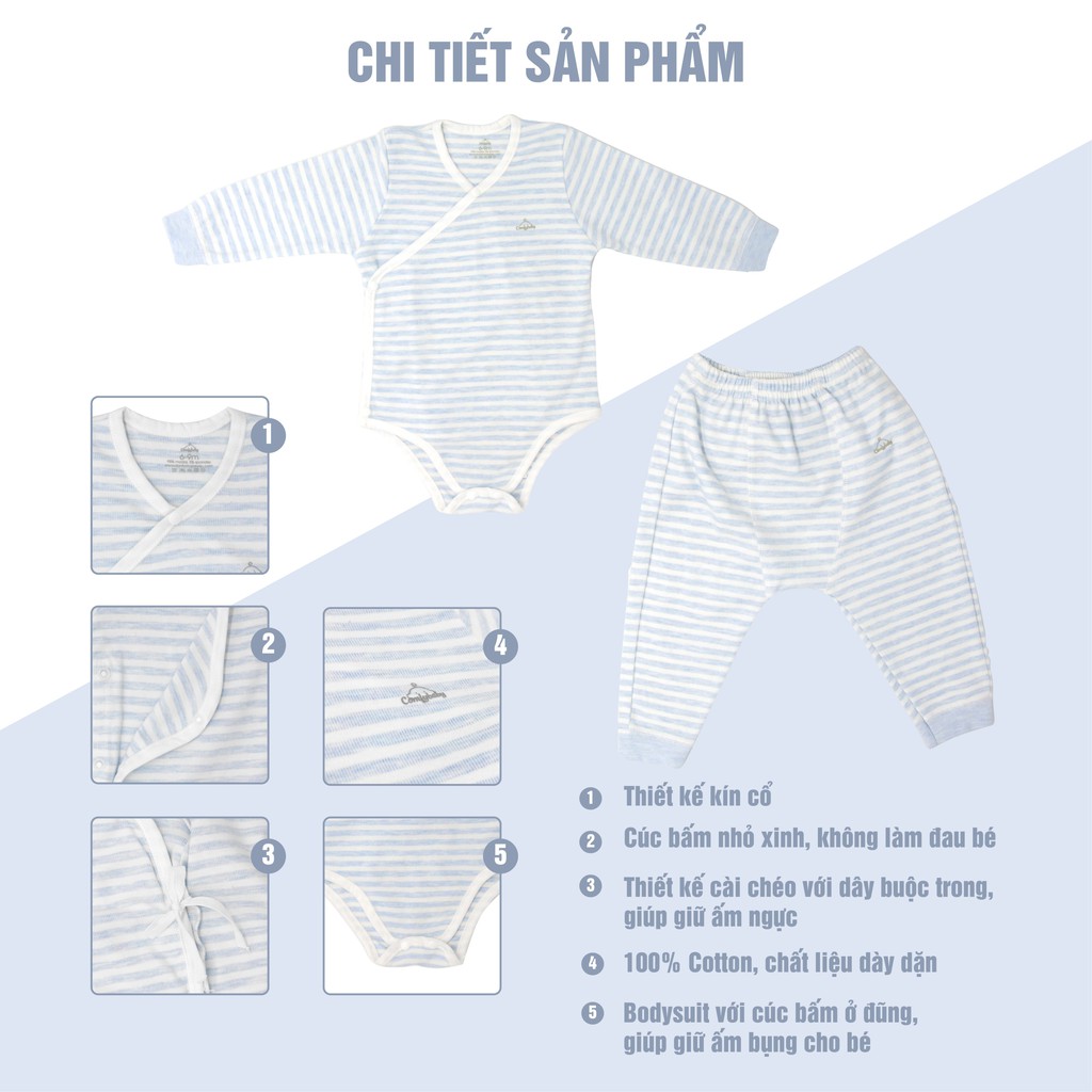 Set Bodysuit sơ sinh 5 món (quần áo dài, bao tay chân, mũ) kẻ sọc 100% Cotton Comfybaby