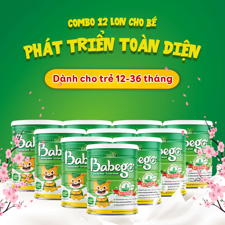 Combo 12 lon sữa mát tăng cân, cải thiện táo bón, biếng ăn cho bé phát triển toàn diện Babego 12-36 tháng tặng xe máy điện