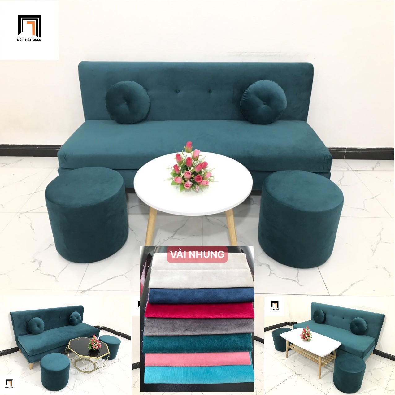 Bộ bàn ghế sofa băng KT 1m72 vải nhung nhiều lựa chọn