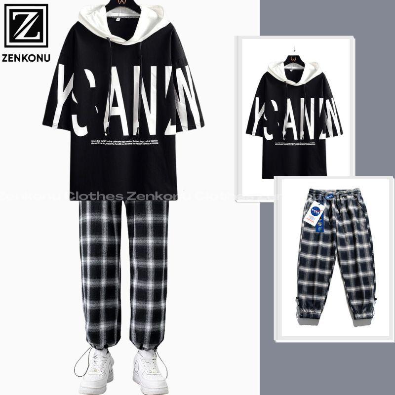 Bộ Đồ Nam Mùa Hè Áo Thun Hoodie Tay Lỡ In Chữ Lớn Quần Jogger Kẻ Caro Thời Trang Zenkonu TOP NAM 259 + QUAN NAM 137