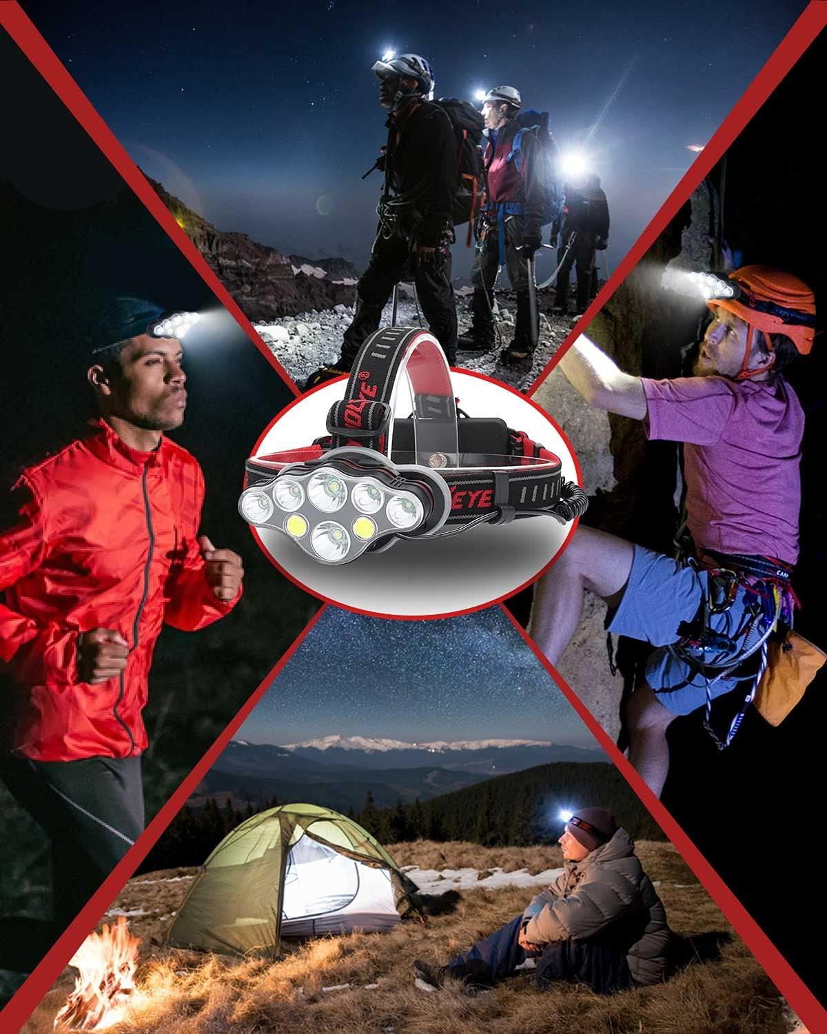 Đèn đèn pha thường nạp, Siêu Lumen 18000, 8 đèn pin LED, đèn pha tự do cánh tay cho cắm trại, câu cá, đạp xe và đi bộ, có chứng nhận chứng minh bơi IPX4