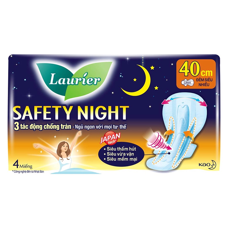 Combo 6 gói Băng vệ sinh Laurier Safety Night Đêm Siêu An Toàn 40 cm 4 miếng