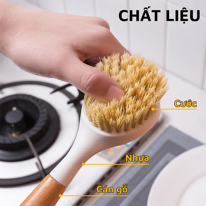 Bàn Chải Chà Xoong Nồi / Niêu / Chảo Đa Năng Cán Gỗ Có Móc Treo Tiện Lợi 25cm