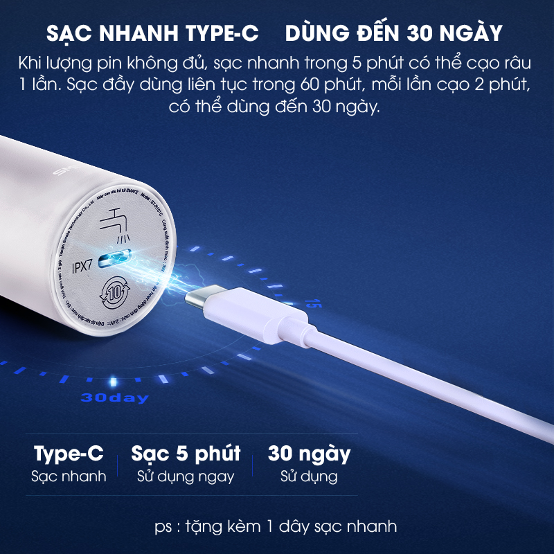 Máy Cạo Râu Cầm Tay Smate ST-R102C, ST-R101C , Vỏ Kim Loại Sang Trọng Sạc Nhanh Type-C Kháng Nước IPX7 Bảo Vệ Da Mặt Có Chế Độ Khóa An Toàn