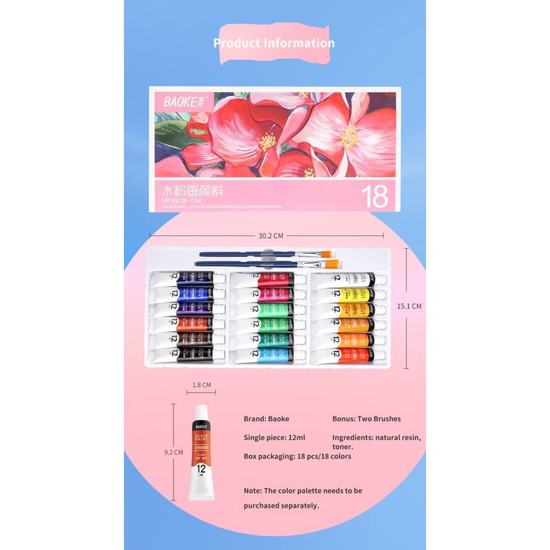 Màu bột Gouache dạng tuýp 12ml BAOKE - 12/18/24 màu - 1 hộp -WP802