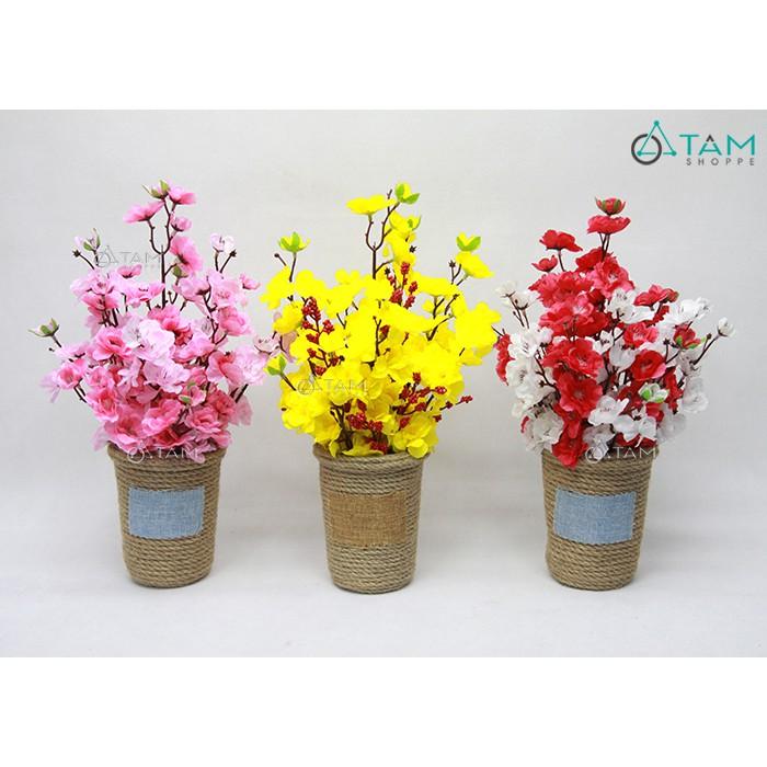 Chậu hoa mai đào handmade dây thừng T-HOA-14