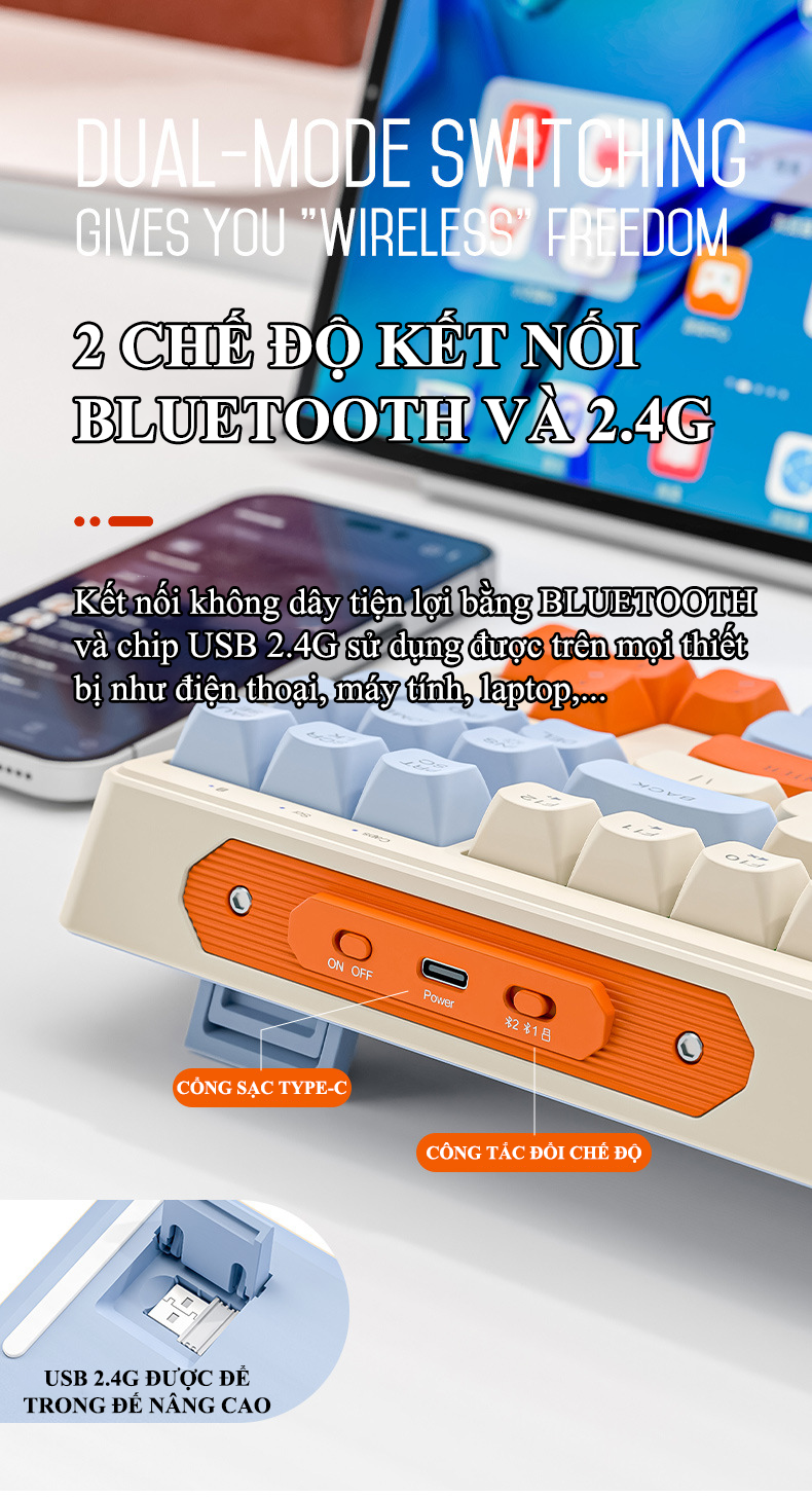 Bàn phím không dây FREEWOLF M87 kết nối Bluetooth và chip USB 2.4G thiết kế TKL 87 phím với nút nhấn không tiếng ồn - Hàng Chính Hãng