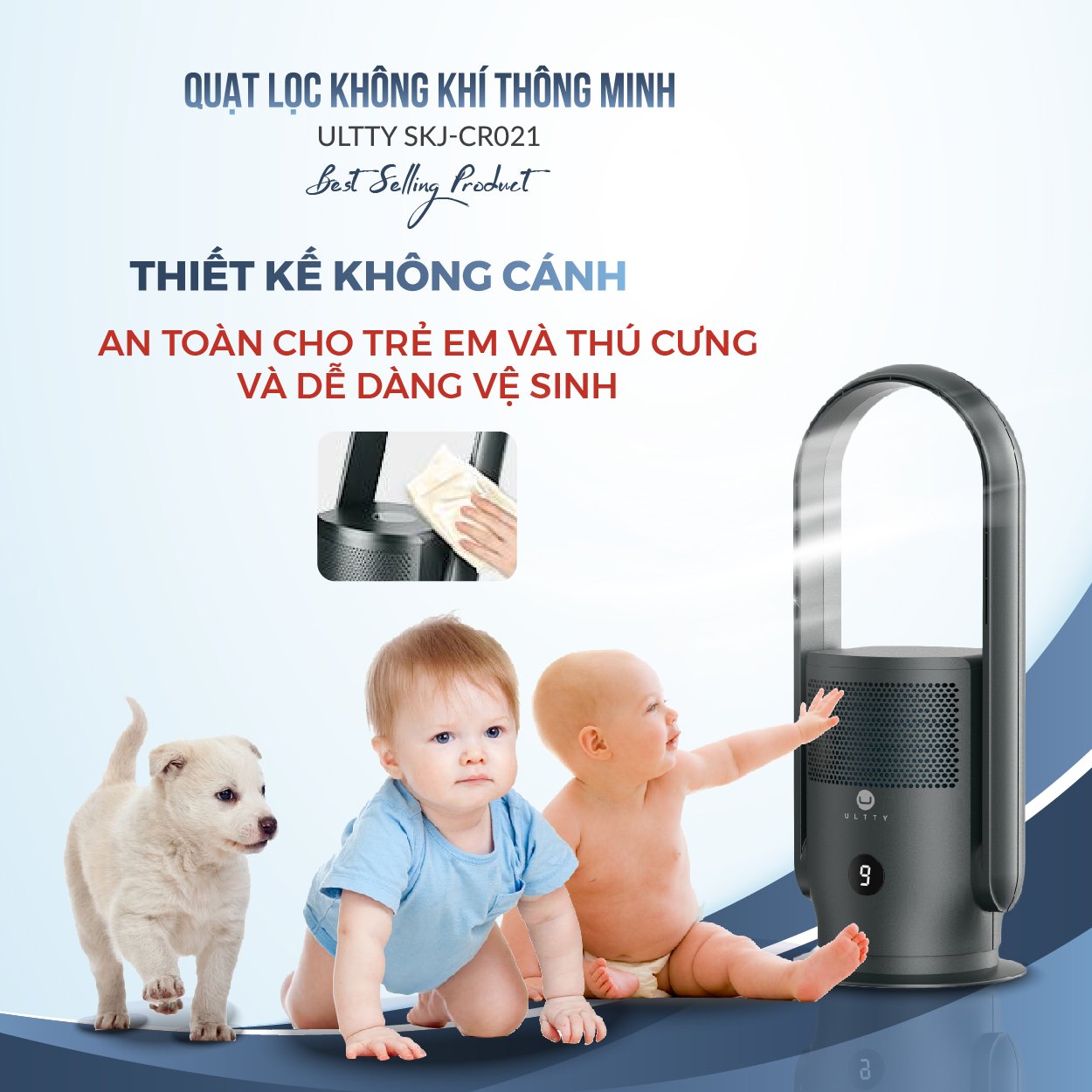 Máy Lọc Không Khí ULTTY SKJ-CR021 Dạng Quạt, Chế Độ Làm Mát 9 Cấp, Bộ Lọc HEPA H13 Loại Bỏ 99,97% Bụi Mịn, Vi Khuẩn, Virut - Màu Đen - Hàng Chính Hãng