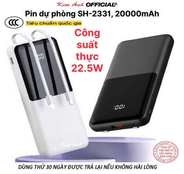 Pin sạc dự phòng SH-2331, công suất 22.5W dung lượng 20000mAh sạc nhanh hai chiều, có chứng nhận 3C tiêu chuẩn quốc gia, hàng chính hãng