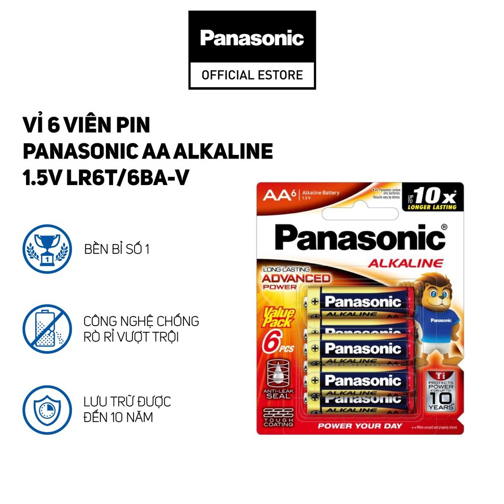 Vỉ 6 viên pin Panasonic AA Alkaline 1.5V LR6T/6BA-V - Hàng Chính Hãng