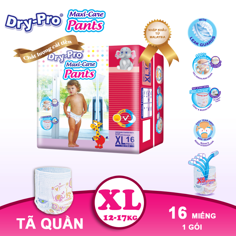 Combo Tã/bỉm quần Dry-Pro XL16 (12kg-17kg) + tặng 1 gói khăn ướt Pur 80 tờ cho bé