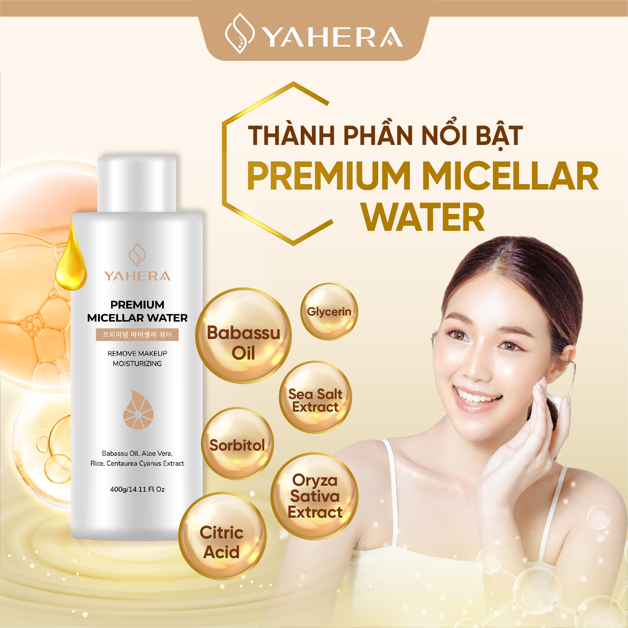 Nước tẩy trang cao cấp làm sạch sâu YAHERA Premium Cleansing Water làm sạch lớp trang điểm, bụi mịn, bã nhờn 400ml