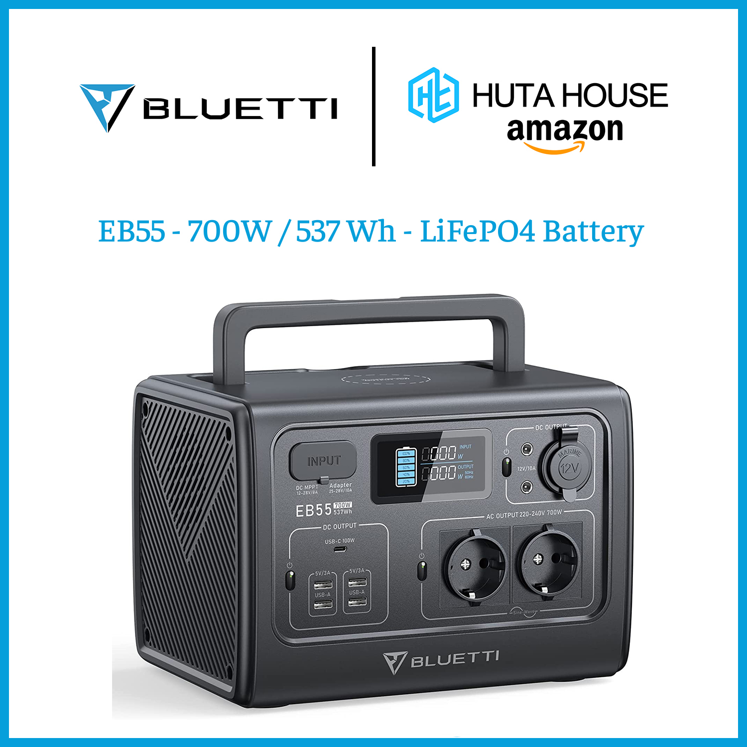 Trạm sạc dự phòng BLUETTI EB55 537Wh/700W-110V/220V-Trạm điện di động Máy phát điện ngoài trời, cắm trại, camping, cúp điện, mất điện