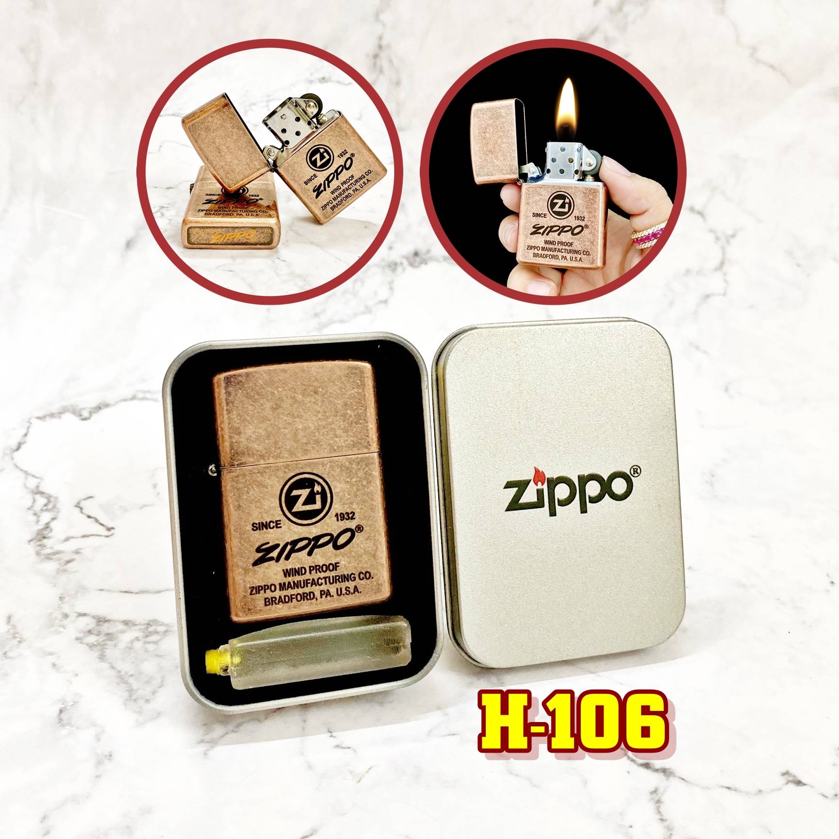 Hộp quẹt bật lửa Zipo đồng cổ logo ZÍppo chữ xéo (chữ nghiêng) (có mộc đáy) - (hộp thiếc kèm xăng) H-106