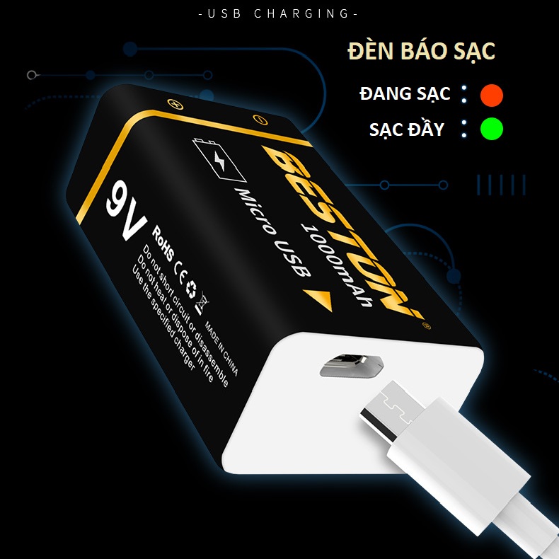 Pin sạc 9v Beston cao cấp dung lượng cao 1000mAh sạc trực tiếp bằng cáp micro USB - Hàng nhập khẩu