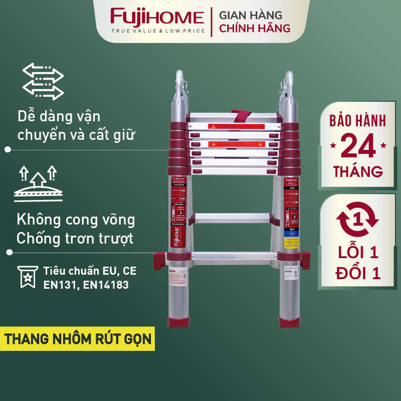 Thang nhôm rút chữ A gấp gọn 4,4M - 5M chính hãng FUJIHOME, thang rút đôi gia đình xếp gọn đa năng - Hàng chính hãng