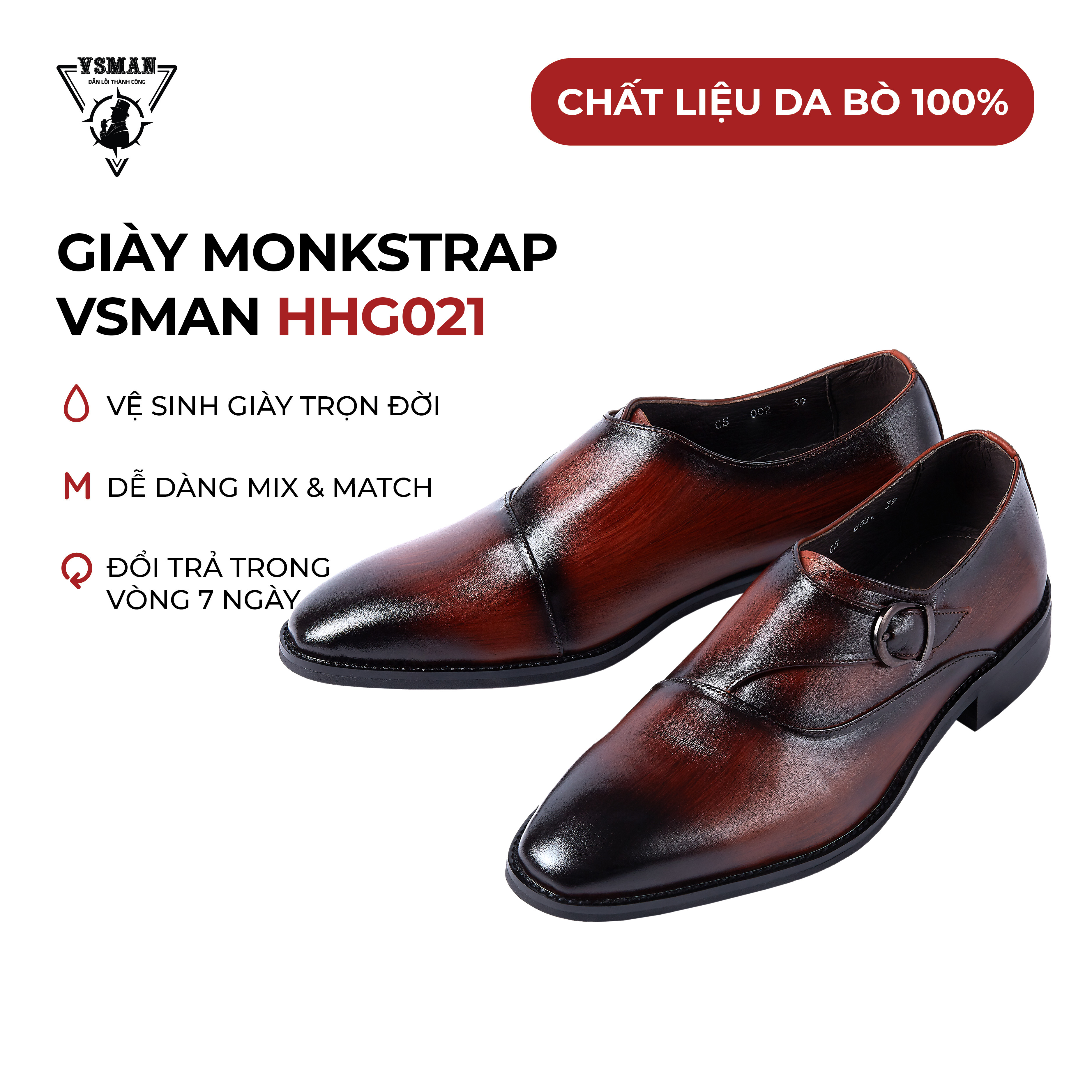 Giày Tây Khóa Kiểu Đánh Patinas VSMAN Cao Cấp Chính hãng 100% - HHG021