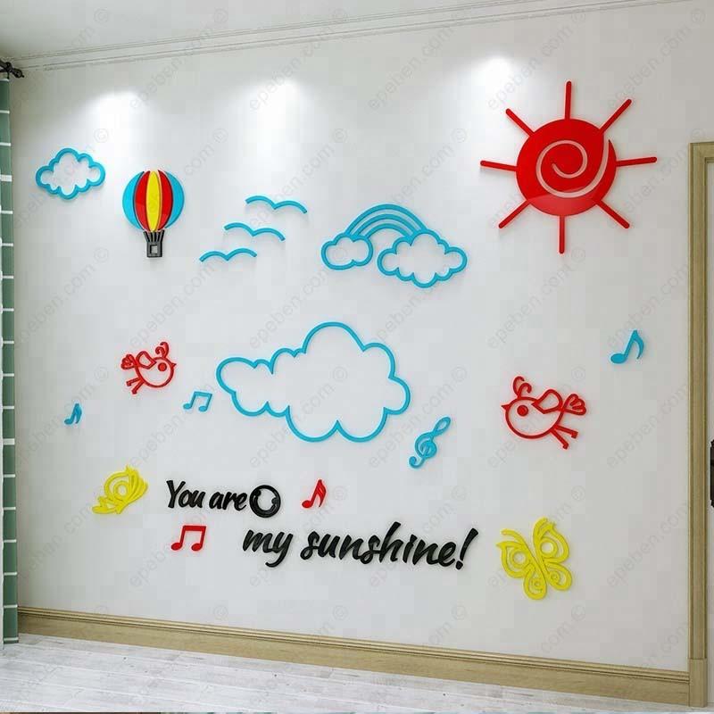 Tranh dán tường mica 3d decor khổ lớn bầu trời trong xanh và mây trắng trang trí mầm non, mẫu giáo, phòng cho bé
