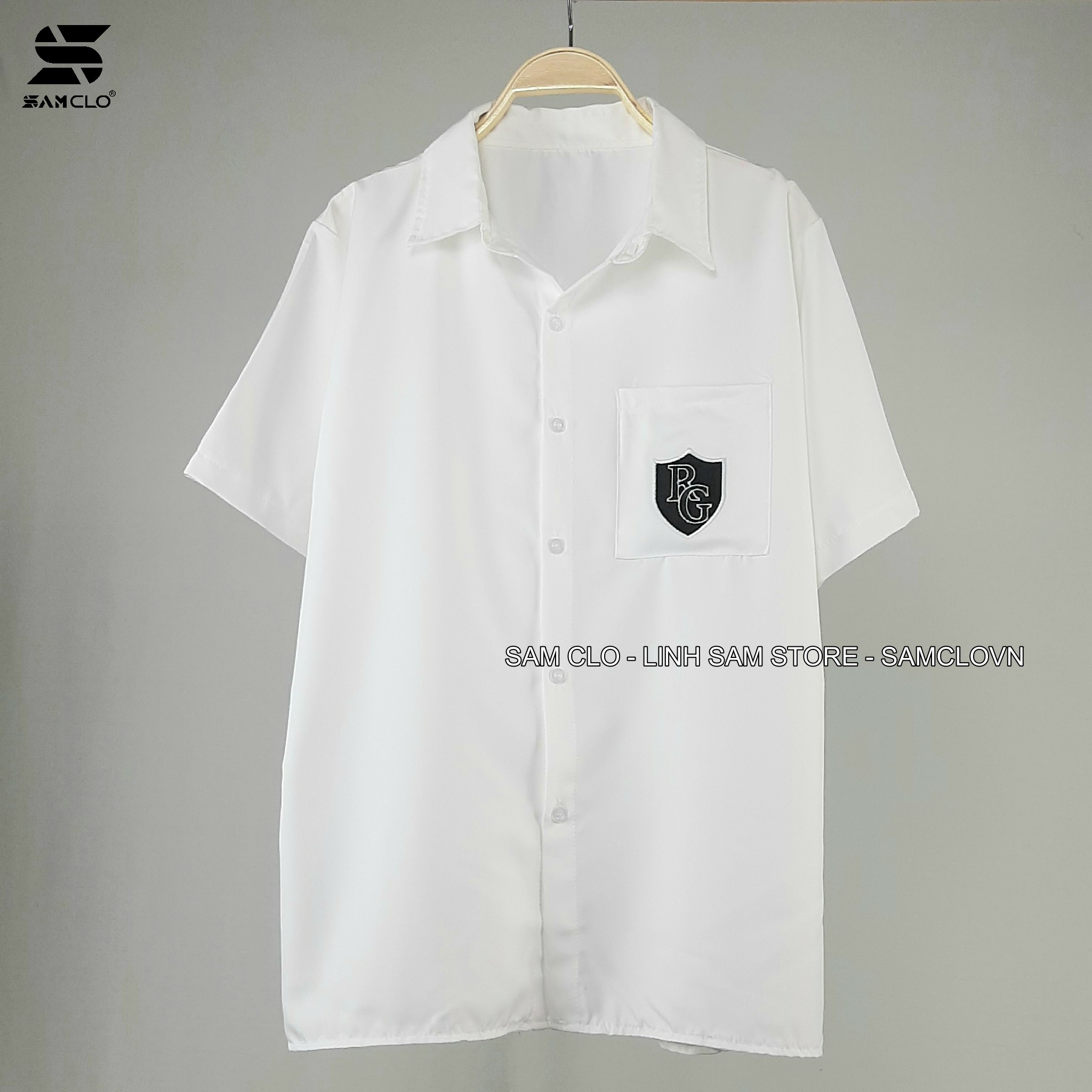 Áo sơ mi học sinh nữ tay ngắn - lỡ, form ulzzang freesize unisex, dáng rộng, mặc đi học, thêu LOGO RG
