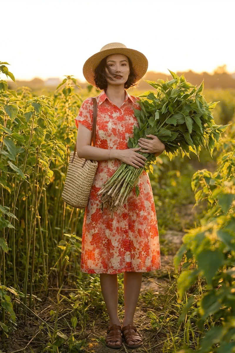 Đầm Sơ Mi Ramie Hoa Đỏ Thanh Minh Dre232 Thời trang Hity