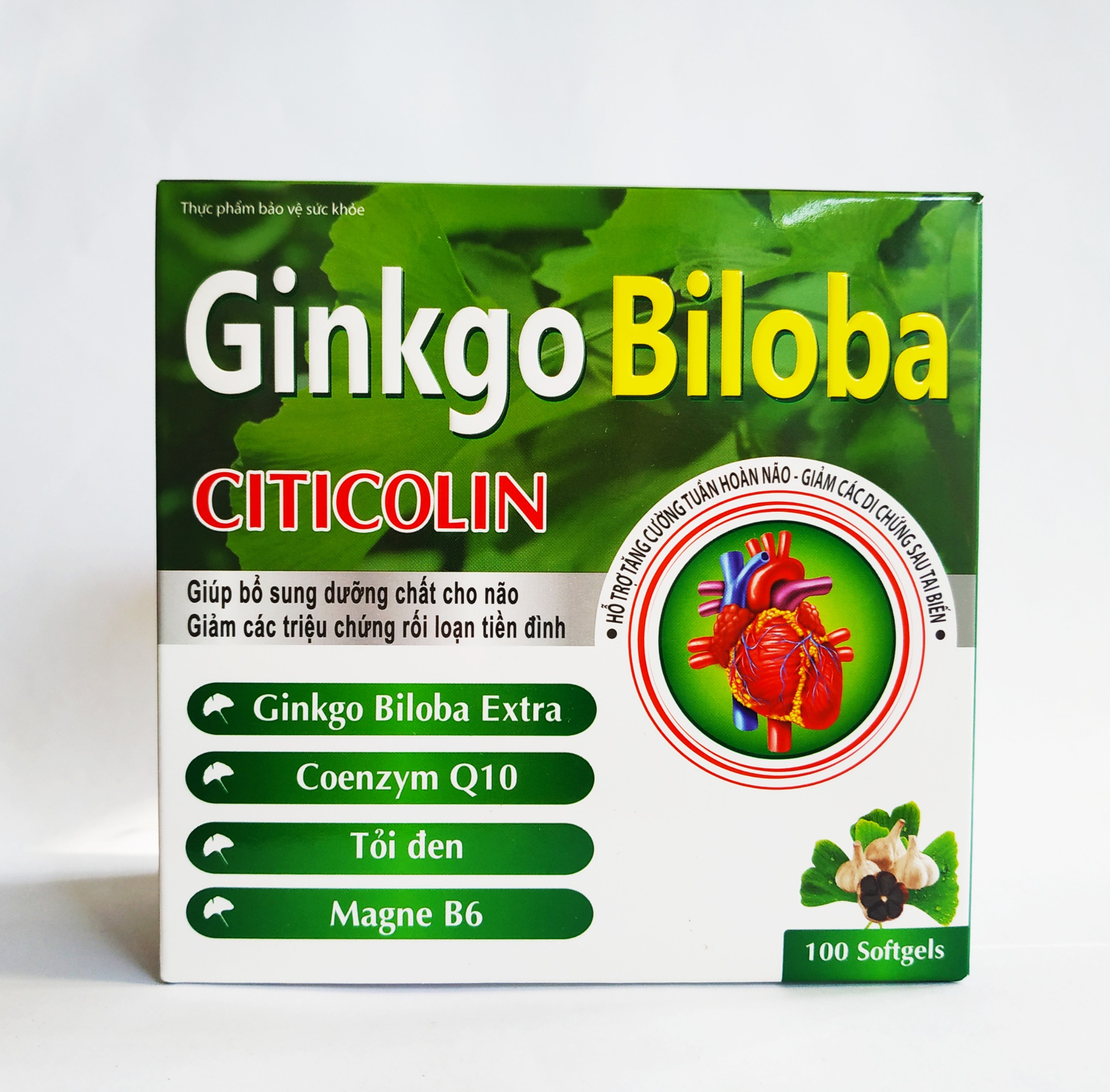 Hoạt Huyết Dưỡng Não Ginkgo Biloba Citicolin - Giúp Bổ Sung Dưỡng Chất Cho Não - Tăng Cường Tuần Hoàn Máu Não - Giảm Tai Biến Mạch Máu Não - Hộp 100 Viên