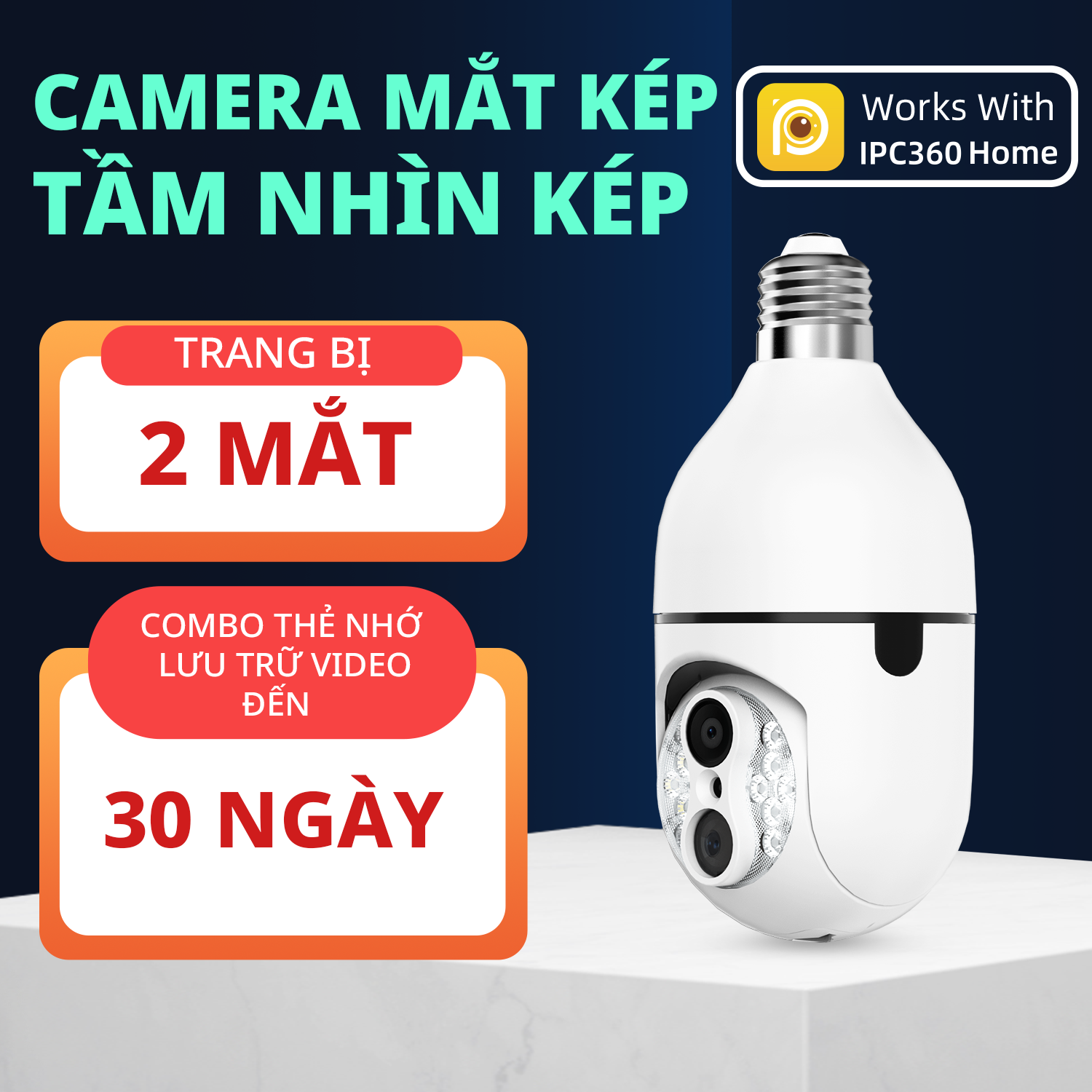 (Giao hoả tốc 2h) Camera Wifi IPC360 Home chuôi bóng đèn 2 ống kính 1080P (FHD), xoay ngang 360 độ, thu phóng 8 lần (Hàng nhập khẩu)