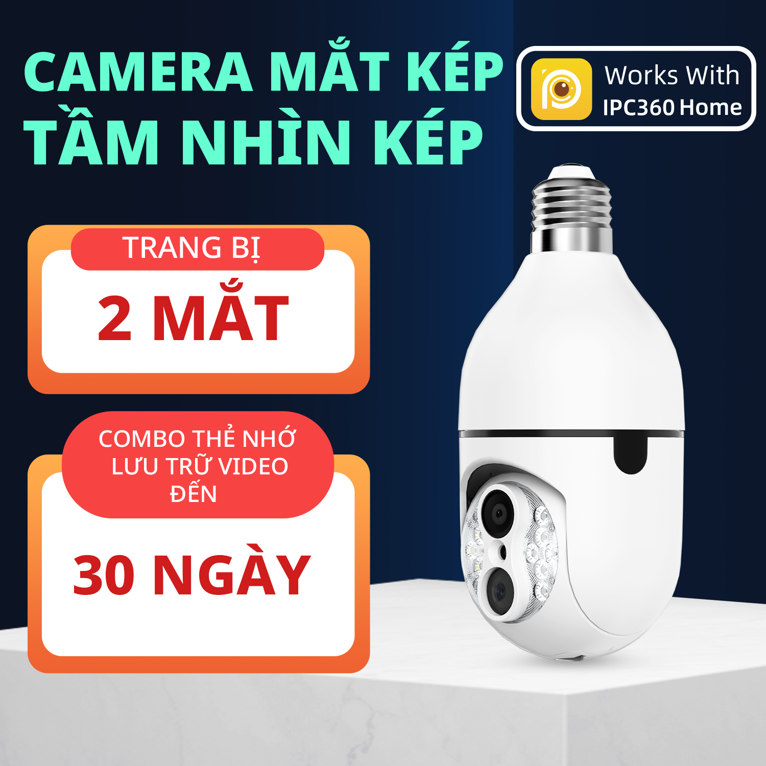 Camera Wifi IPC360 Home chuôi bóng đèn 2 ống kính 1080P , xoay ngang 360 độ, thu phóng 8 lần