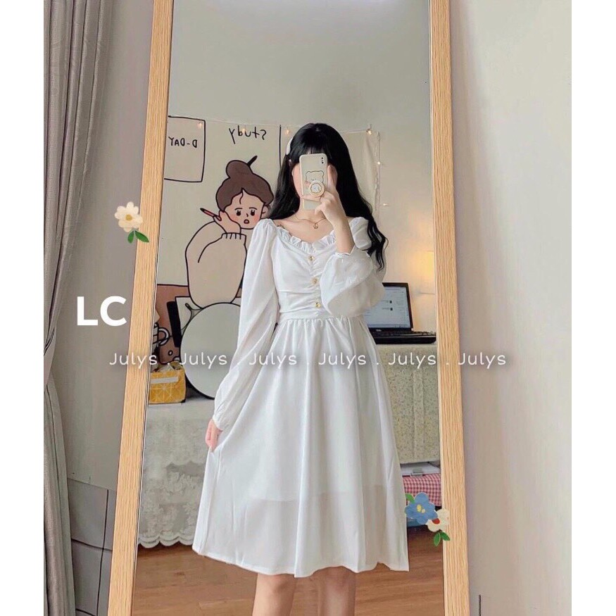 Váy babydoll dáng dài trắng tay bồng 3 khuy ngực, đầm nữ dự tiệc dáng xòe