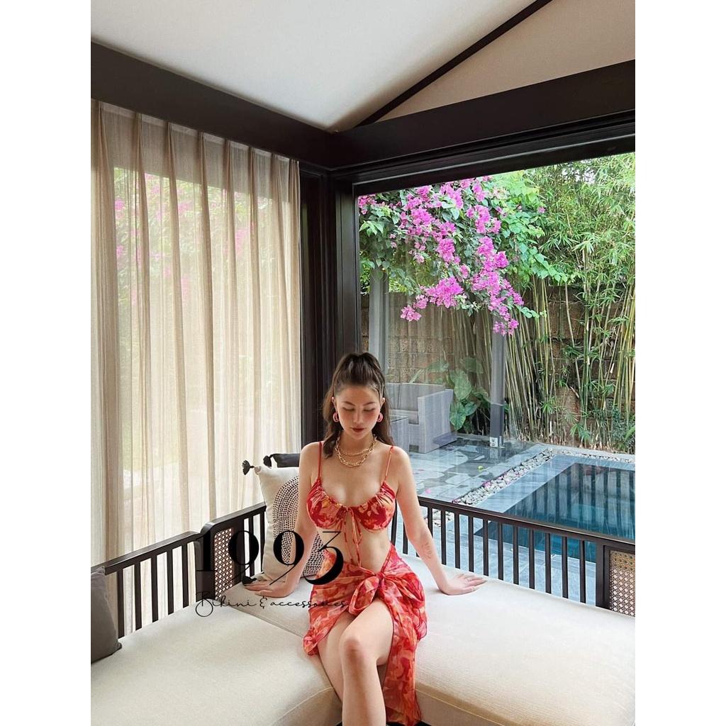 SET BIKIBI, ĐỒ BƠI ĐI BIỂN 3 MÓN ÁO GỌNG HOA  ĐỎ QUẦN TAM GIÁC KHOEN  KÈM KHĂN MẪU MỚI SEXY ODERI