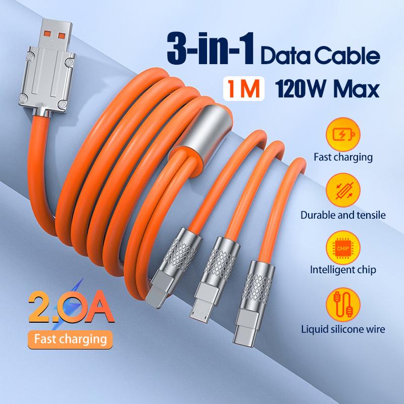 Cáp Sạc Nhanh 3 Đầu 120w Hỗ Trợ Sạc Cổng Type C/IP/Micro Cáp Sạc Nhanh 3 Trong 1 Bằng Silicone Và Hợp Kim Kẽm