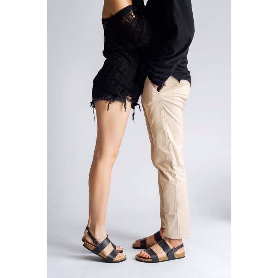 Giày Sandal Unisex HuuCuong 2 quai da bò đen đế trấu