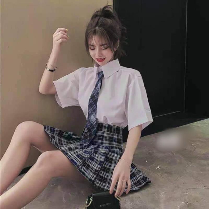 SET CHÂN VÁY KẺ KÈM ÁO SƠ MI