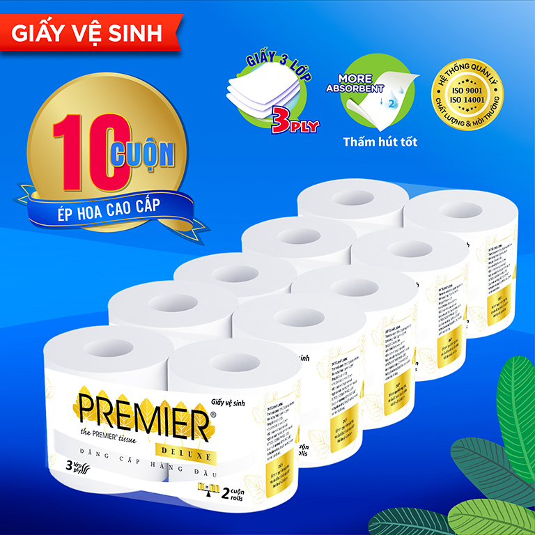 [MUA 1 TẶNG 1] Giấy vệ sinh cao cấp Premier Deluxe có lõi, 3 lớp 100% bột giấy nguyên sinh, không chất tẩy lốc 10 cuộn