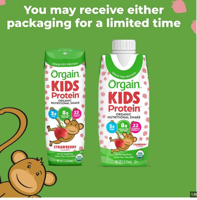 Sữa dinh dưỡng hữu cơ Orgain Kids Protein - Sữa khỉ orgain kid protein chính hãng Mỹ hộp 244ml Vị Dâu