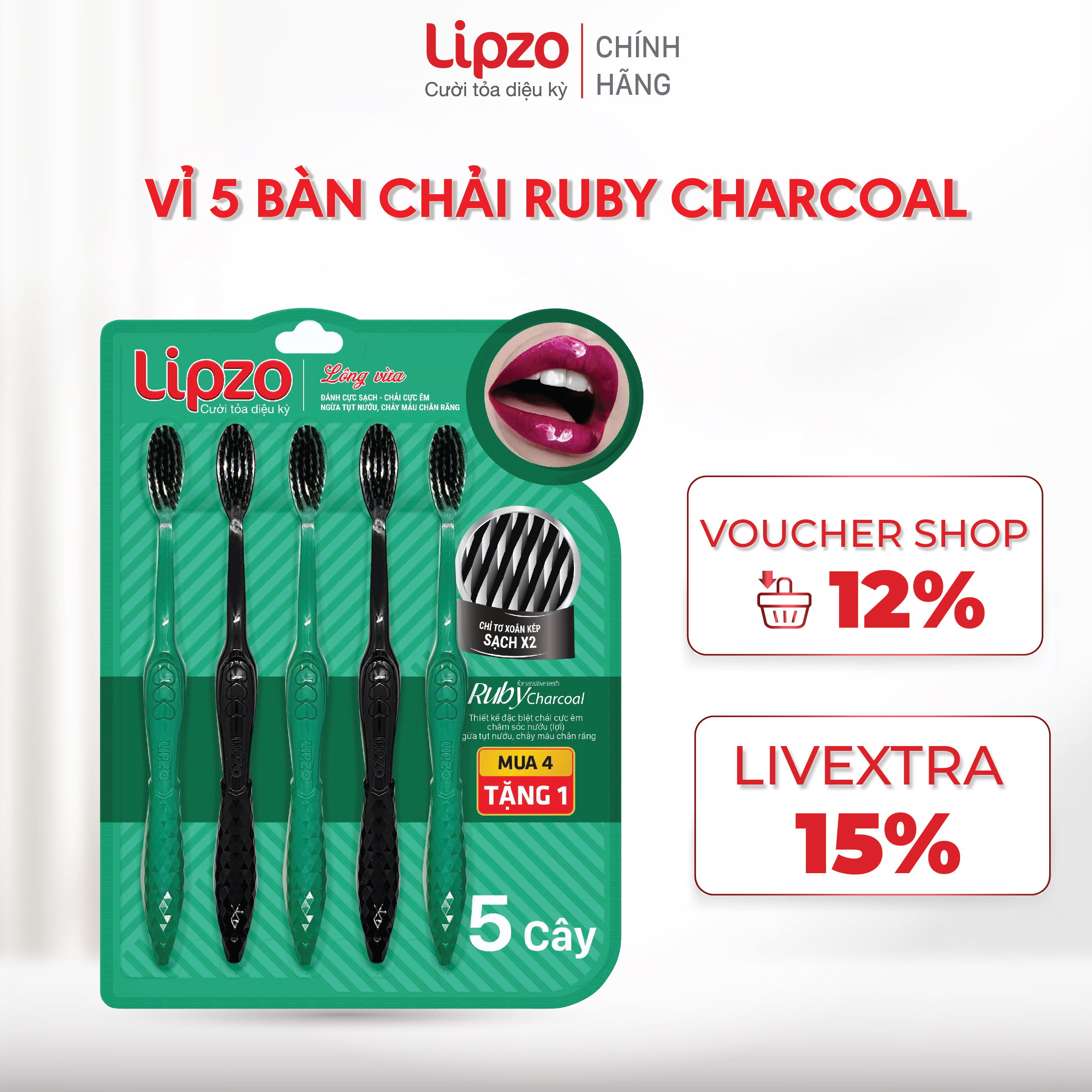 Vỉ 4 Tặng 1 Bàn Chải Đánh Răng Lipzo Ruby Charcoal Cho Răng Nhạy Cảm Công Nghệ Chỉ Tơ Than Hoạt Tính Kháng Khuẩn