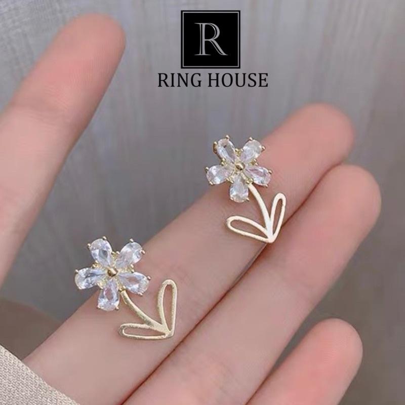 Khuyên tai bông tai nữ cành hoa đính ngọc đẹp Ring House