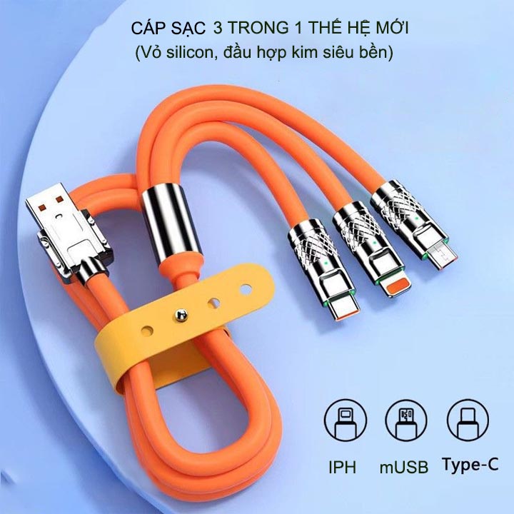 Cáp sạc đa năng thế hệ mới 3 in 1, lõi đồng, vỏ silicon, đầu bằng hợp kim rất bền, dài 1.5m