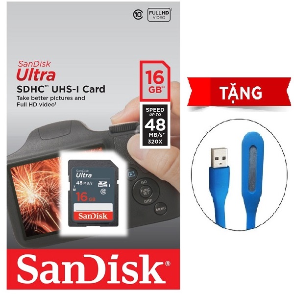 Thẻ Nhớ SD SanDisk Ultra Class 10 16GB - 48MB/s - Hàng Chính Hãng + Tặng đèn Led