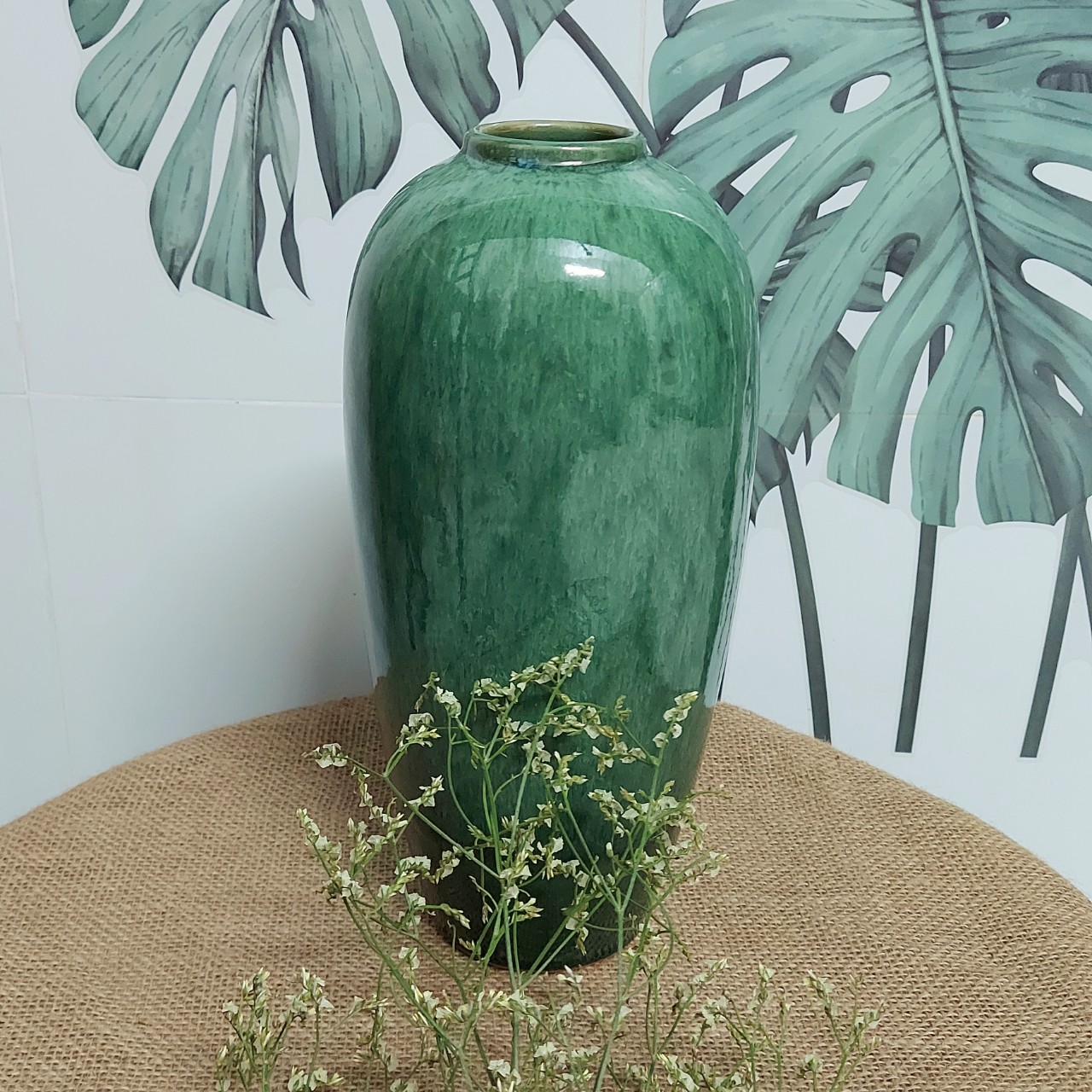 Bình cắm hoa, Bình gốm Bát Tràng men xanh ngọc dáng vò cao trang trí phòng khách, phòng làm việc Bông Garden cao 32cm