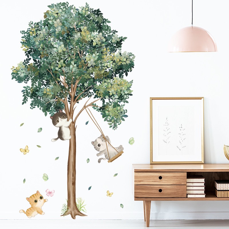 Decal trang trí tường - Cây xanh và 3 chú mèo vui đùa