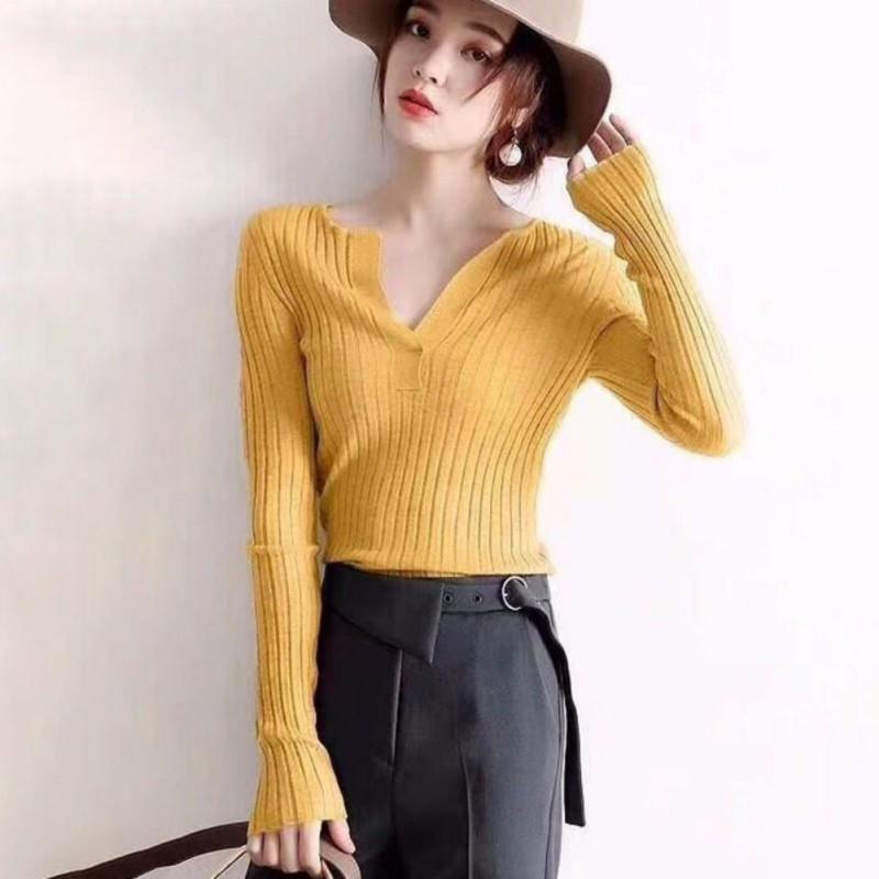Áo dệt kim tay dài màu trơn thiết kế cổ chữ V nữ tính