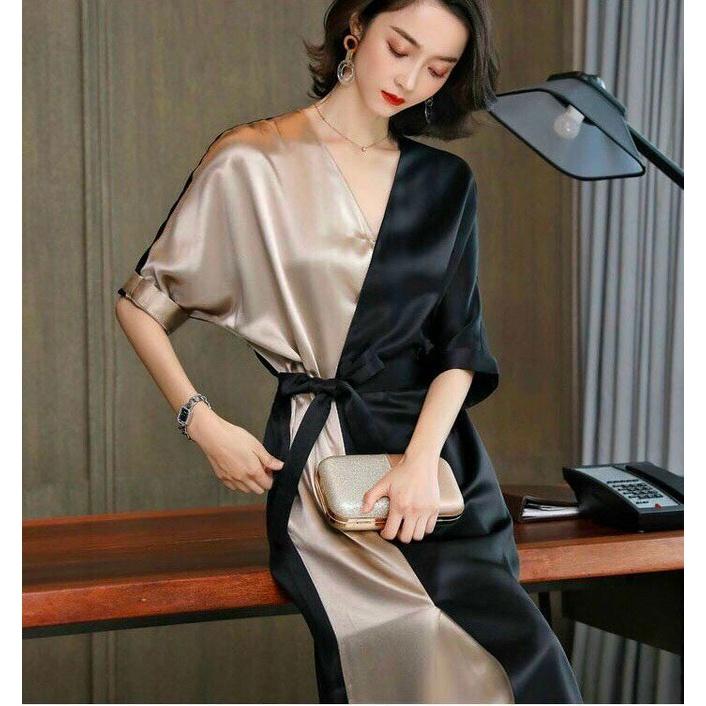 Đầm Suông Cổ V, Thiết Kế Phối Màu Sang Trọng, Kèm Thắt Eo Nổi Bật, Tôn Dáng