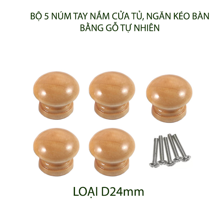 Bộ 5 núm tay nắm cửa tủ, ngăn kéo bàn, bằng gỗ tự nhiên sơn phủ bóng