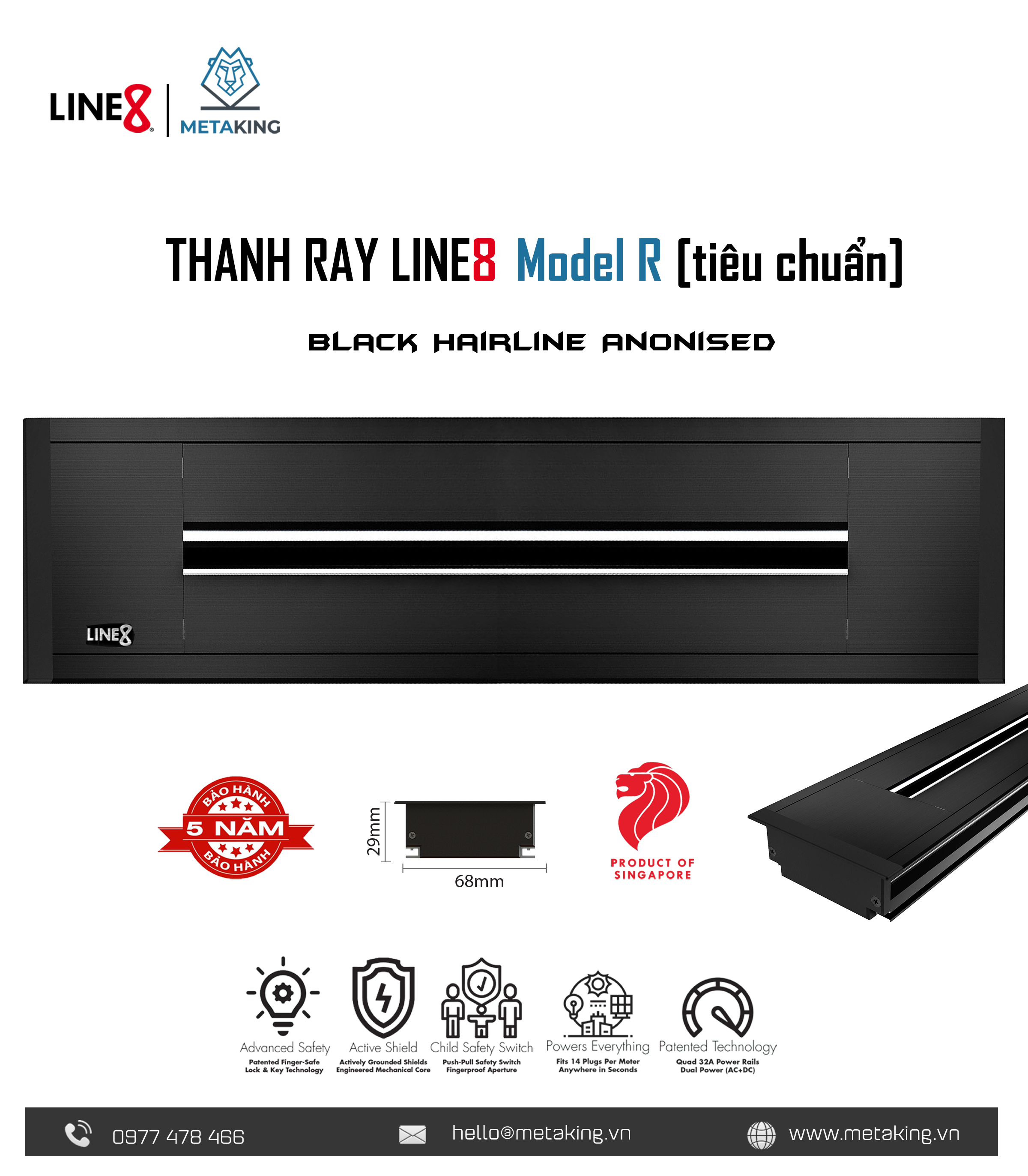 Ổ Cắm Thanh Trượt Line8 Model R I Lắp Âm I Loại Tiêu Chuẩn I Chính hãng
