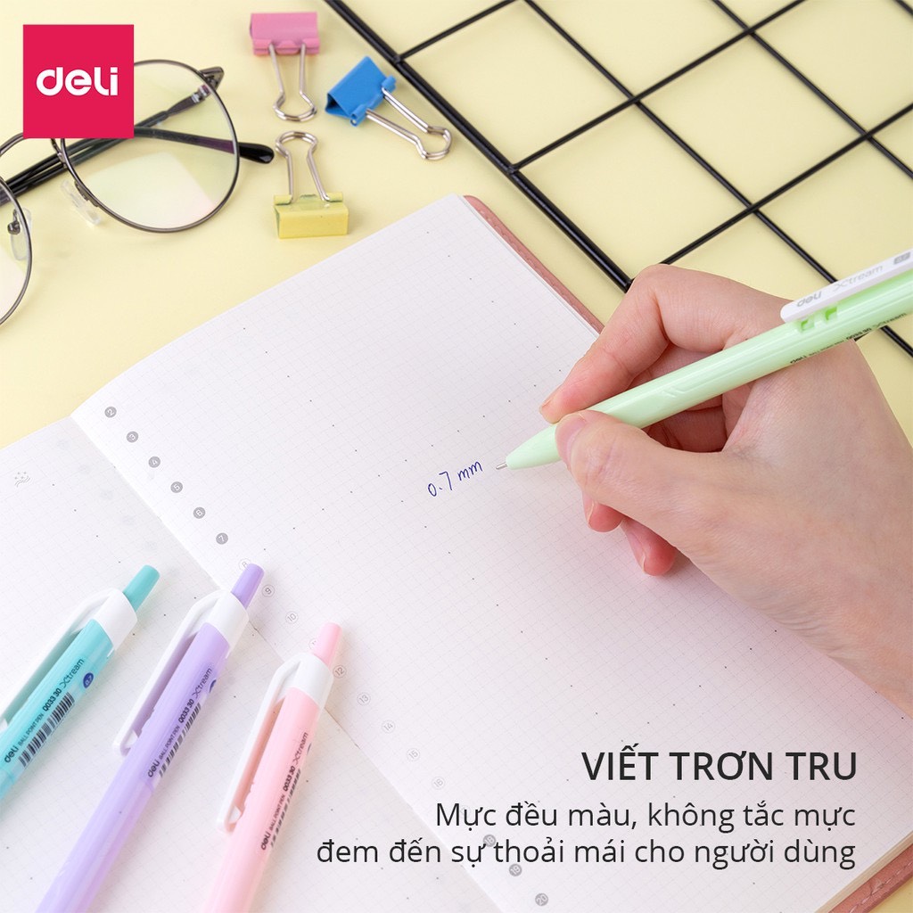 Combo 10 Bút bi bấm Deli EQ03336 ngòi 0.7mm - Mực xanh