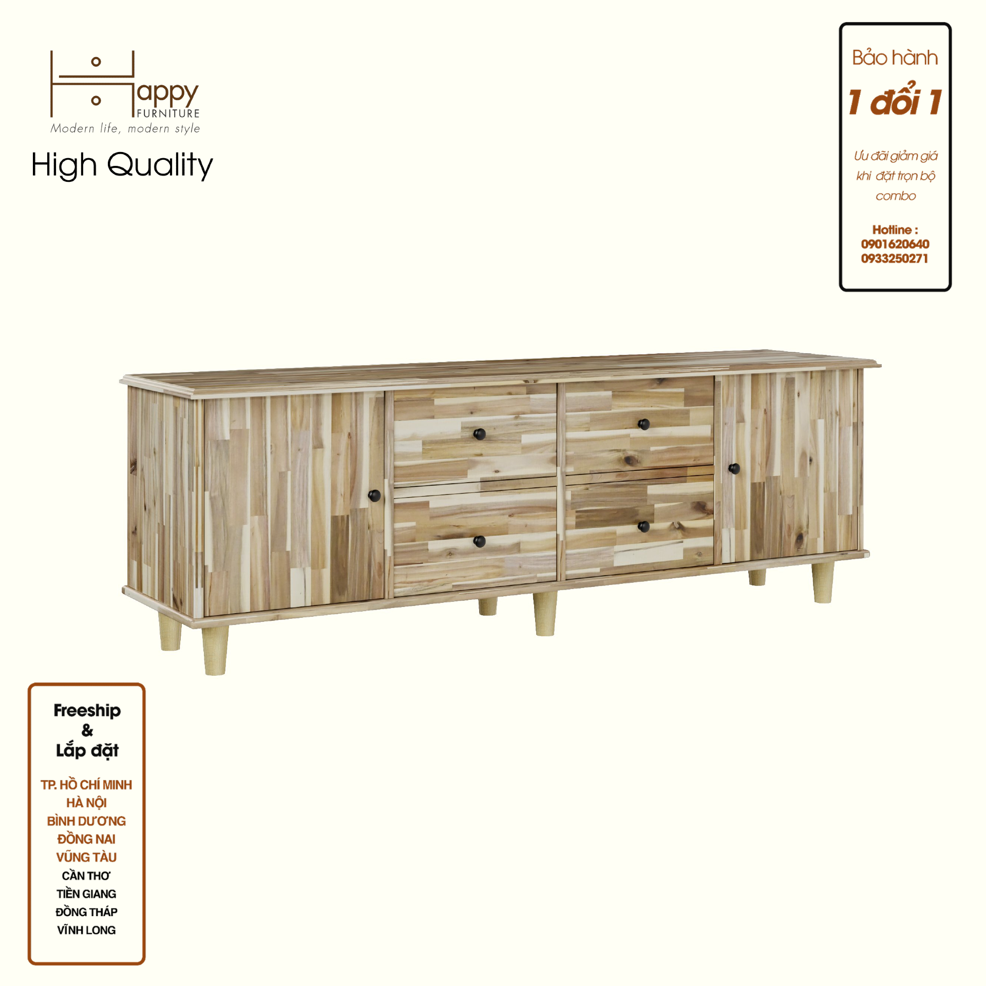 HAPPY FURNITURE , Gỗ tự nhiên , Kệ TV 2 cửa mở 4 ngăn kéo - FARAH , KTV_057 , 160x40x54cm