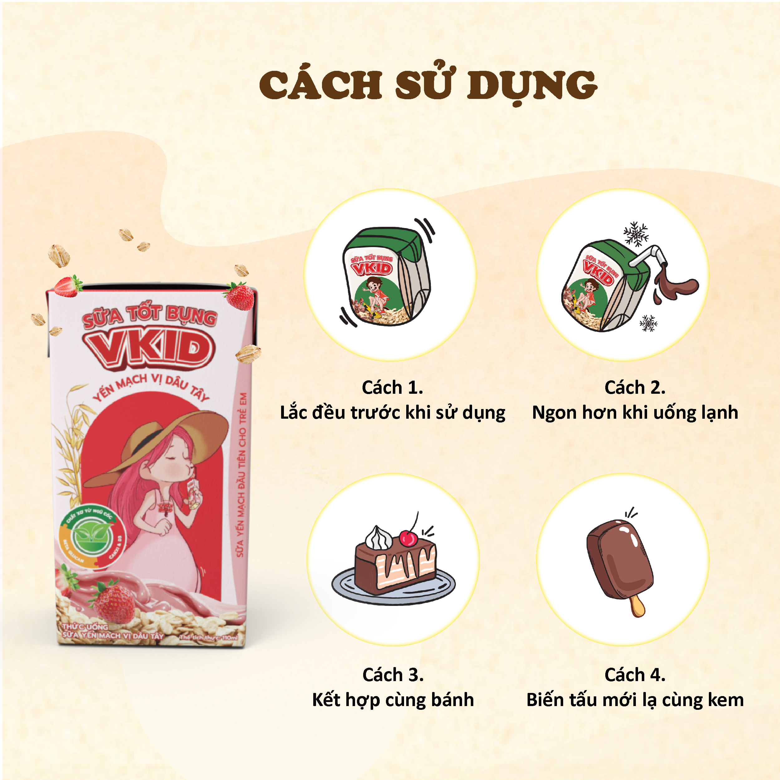 COMBO 2 Lốc 4 Hộp Sữa Yến Mạch V-kid VIỆT NGŨ CỐC Vị Dâu Tây 110ml/Hộp