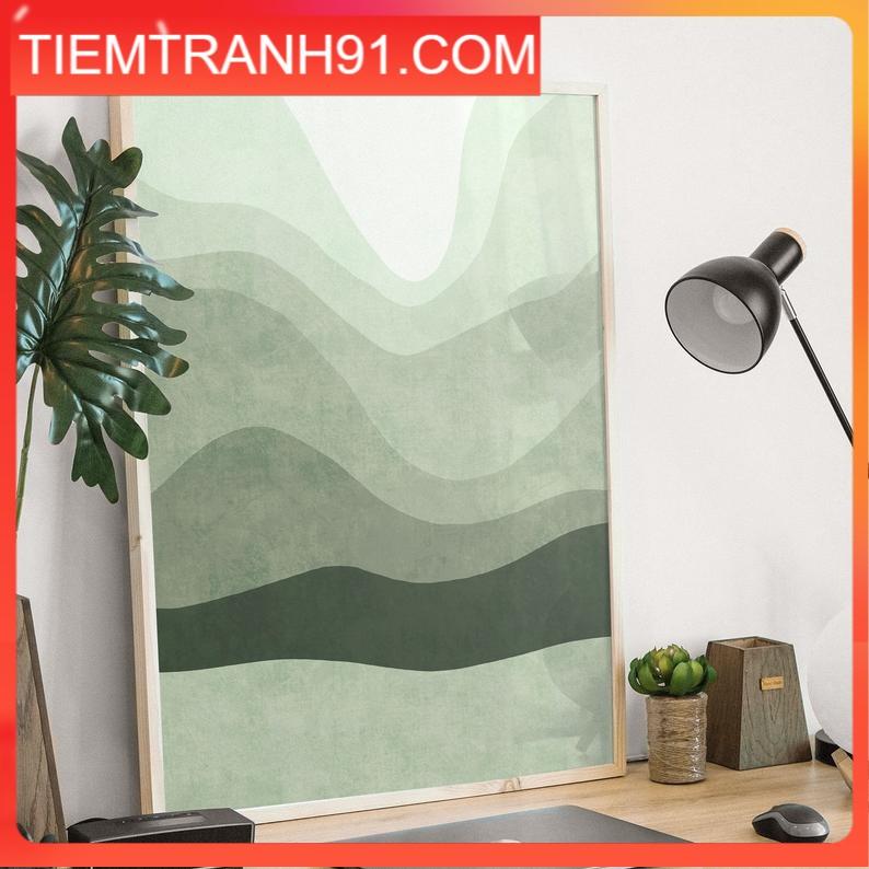 Tranh treo tường | Tranh trừu tượng - Mint abstract landscape , green mountain scenery poster, ombre lines poster